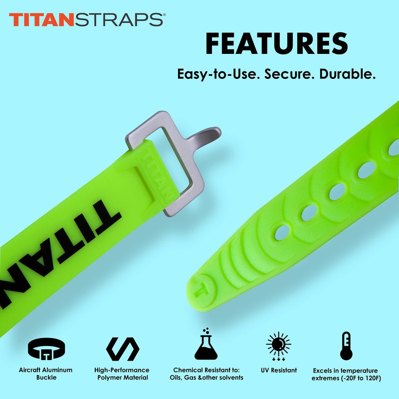 TitanStraps Titan Utility Straps â€“ Easy-to-Use, Reliable Tension Straps for Securing Bike & Moto Gear, Skis, Garden Hoses, Field Repairs â€“ Use in Frigid Temps â€“ 60 lb.Working Load, 9" Length, Lime Green, 4-Pack - Image 3
